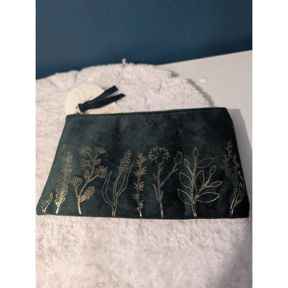 Threshold Velvet Tech Pouch Bag Gold Embroidered Wildflower Green 5x8 NWT